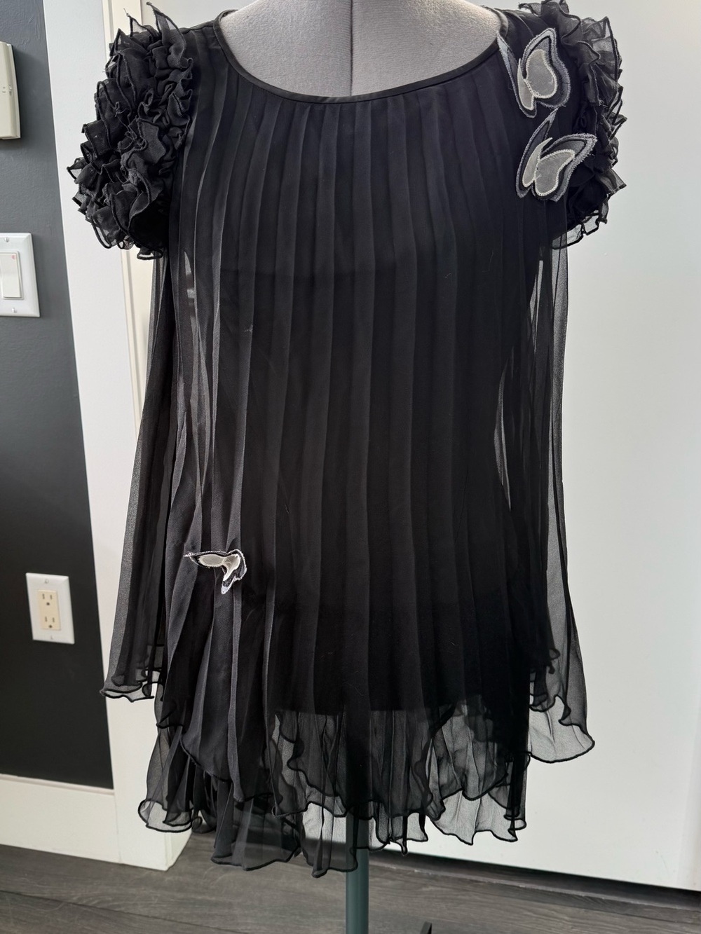 Dolce & Gabbana Black Silk Pleated Mini Dress with Butterfly Appliqués